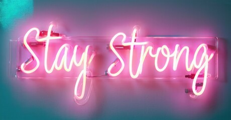 Bright pink neon sign displays positive message. Background features gradient purple, blue hues. Simple, motivational imagery.