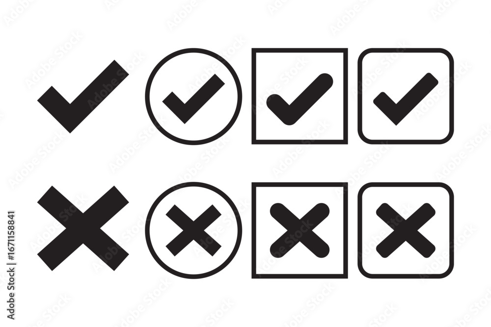 Poster black check tick mark icon set. cross box x check mark checkbox v list vector draw hand drawn sketch