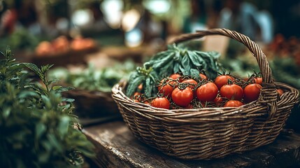 A woven basket filled with fresh, red tomatoes on a bustling market stall.