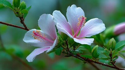Two delicate white and pink hibiscus flowers with water droplets on their petals, set against a blurred green background.