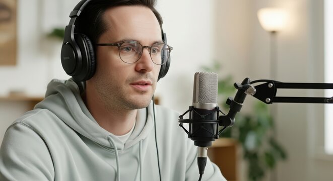 Man with headphones recording podcast in studio with microphone setup