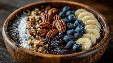 A wooden bowl filled with acai berries, blueberries, sliced bananas, and chopped nuts, set against a rustic wooden table.