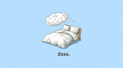 A white cloud floats above a bed with a blue pillow and a white blanket, set against a light blue background.