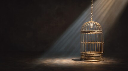 A vintage birdcage hangs from a chain, casting a soft glow on a dark background.