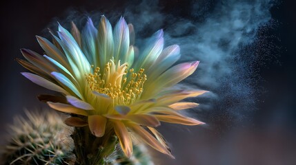 A vibrant cactus flower with multi-colored petals, set against a dark background with a subtle dusting of particles.