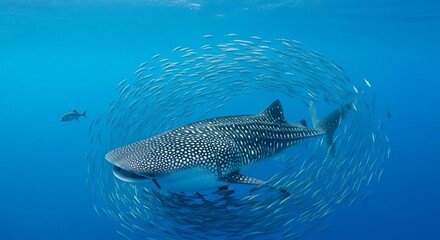 Majestic Whale Shark Swimming with School of Fish in Deep Blue Ocean.