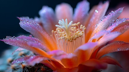 A vibrant cactus flower with dewdrops on its petals, set against a dark background.