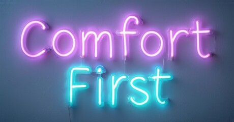 Obraz premium Neon sign displays text Comfort First. Pink, turquoise illumination against muted blue wall. Simple, modern aesthetic. Bright, inviting message.
