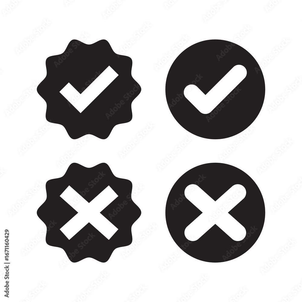 Poster black check tick mark icon set. cross box x check mark checkbox v list vector draw hand drawn sketch