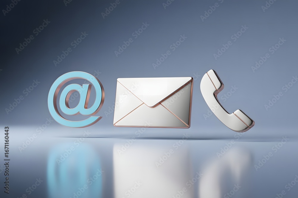 Poster digital communication icons including an email symbol an envelope and a telephone handset representi