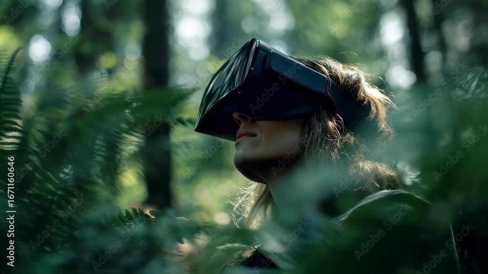 Poster medium frame of person guiding themselves through calm vr forest headset in sharp clarity gentle blu