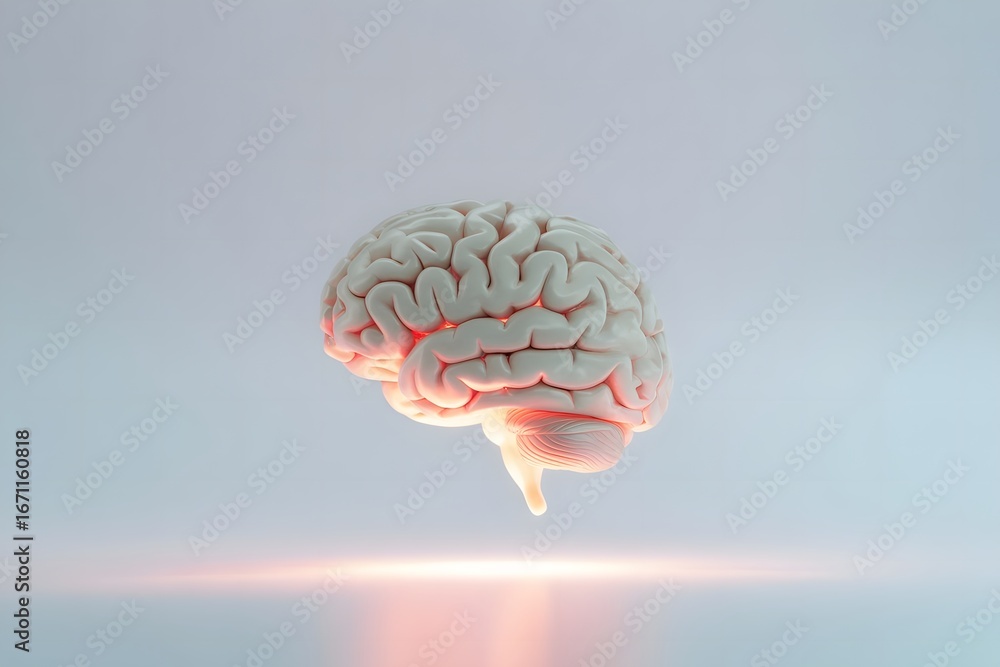 Poster anatomical human brain model with glowing red neural activity and light flare against a soft blue ba