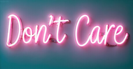 Bright pink neon sign displays words Dont Care against teal wall. Simple message, modern aesthetic, bold lettering.