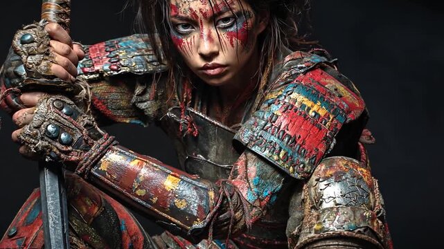 A female warrior, adorned in vibrant, distressed armor, grips a weathered katana