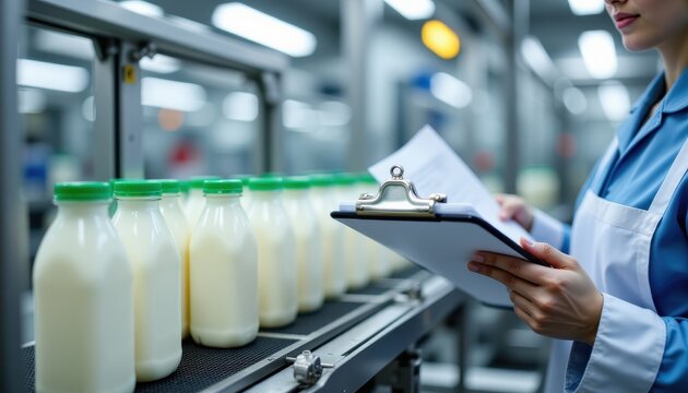 milk factory bottling line worker hand holding sanitized clipboard checking production data, photo realistic style, high resolution, clear composition