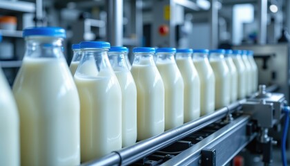 milk factory bottling line conveyor transporting capped bottles toward clean storage, photo realistic style, high resolution, clear composition
