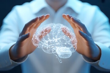 Close up of a person wearing a white lab coat hands cupped around a glowing holographic digital brain representing artificial intelligence and neuroscience innovation