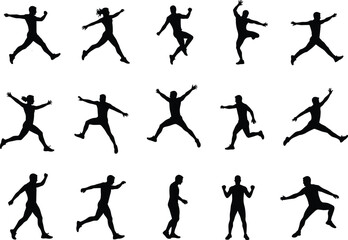  Set of People Silhouettes, Men, Women, and Children in Various Poses, Walking, Standing, Holding Hands, Modern Vector Icons, Flat Vector