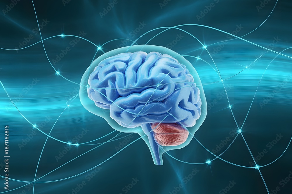Poster abstract digital illustration of a glowing blue human brain with intricate neural network connection