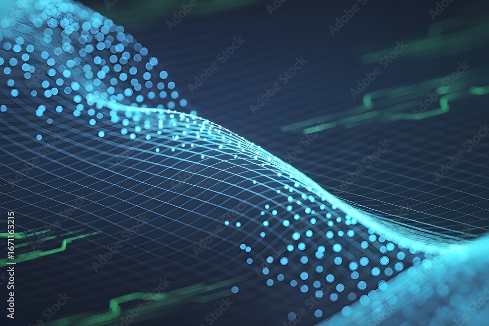 Poster abstract glowing blue digital wave of particles and lines flowing through a dark futuristic technolo