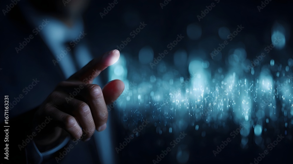 Poster a person in a dark suit touching a glowing financial data dashboard in a futuristic business setting