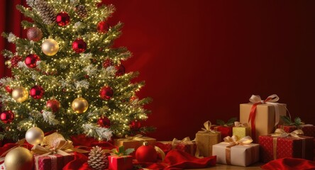 Festive Christmas tree with glowing lights and wrapped gifts creating a joyful holiday scene