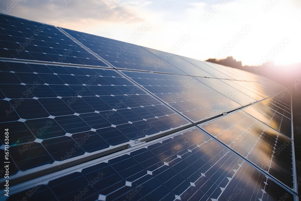 Poster close up of a large solar panel array reflecting the warm golden sunlight of a setting sun creating 