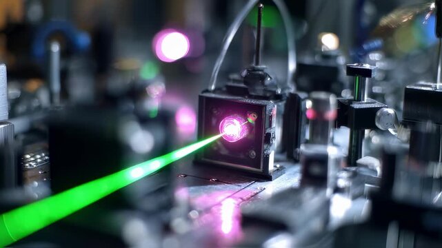 Focused medium shot of a laser beam interacting with a MEMS mirror array in a photonics lab highlighting advanced optical alignment amid softly outoffocus lab instruments.