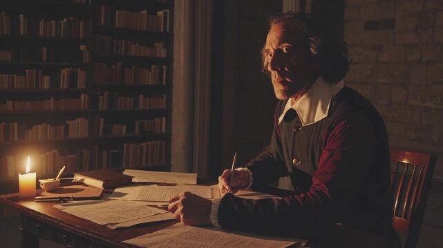 A historical video scene with a side angle of a man writing by candlelight in a dimly lit library, evoking a sense of mystery and focus.