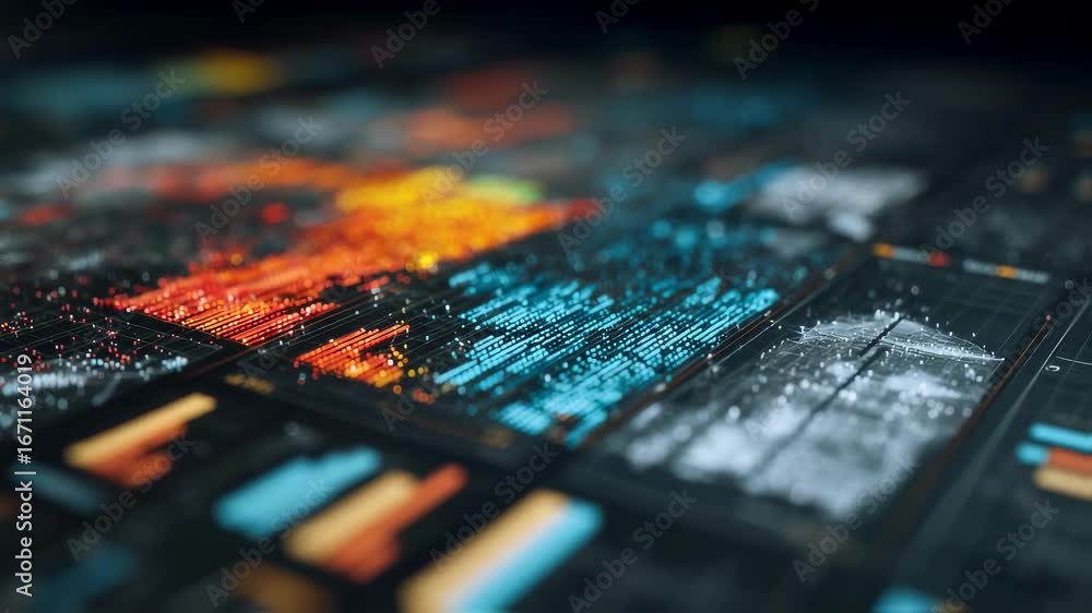 Poster Focused medium shot of dynamic heatmap blocks changing intensity with surrounding data layers gently blurred to highlight active visualization zones.