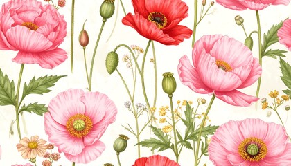 A seamless pattern of pink and red poppies with green foliage on a white background
