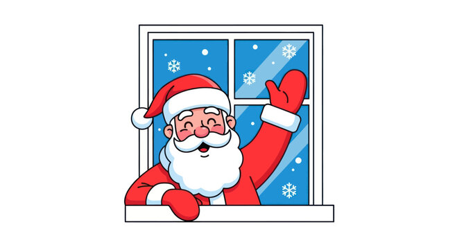 Festive santa claus character waving in window winter snowfall backdrop christmas celebration