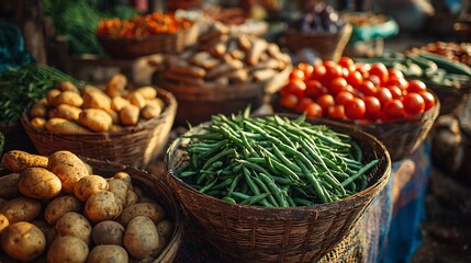 Fototapeta premium Fresh Vegetables in Baskets at Farmer's Market with Potatoes and Beans