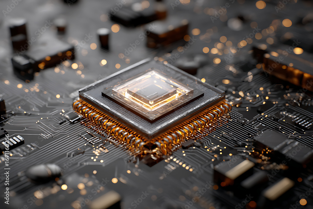 Poster cpu processing data on motherboard with integrated circuit, glowing connections powering advanced te