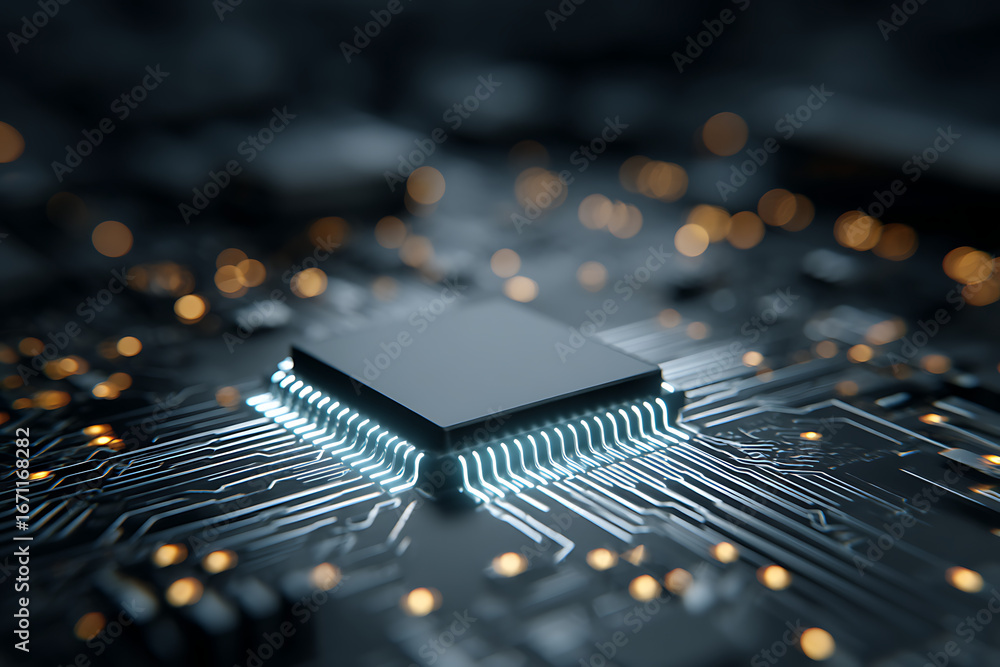 Poster cpu processing data on motherboard with glowing connections