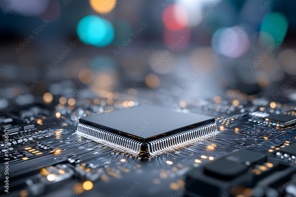 Poster cpu processing data on motherboard with bokeh effect