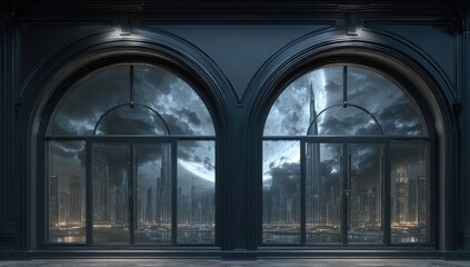 Dark, arched windows showcase a dramatic night cityscape, bathed in the soft glow of city lights, reflected in the glass.
