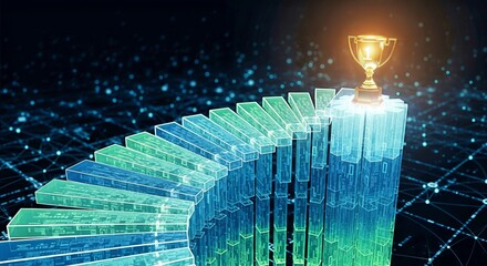 Digital Ascent: Trophy atop a Data-Driven Stairway - Success & Achievement Concept