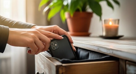 Digital Detox: Woman Putting Smartphone into Drawer &ndash; Minimalism, Wellbeing, Conscious Living