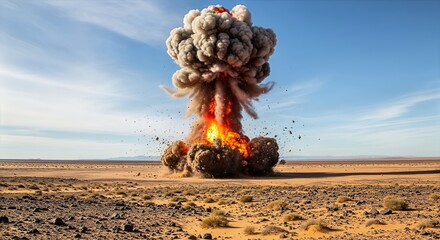 Dramatic Explosion in Desert Landscape - Intense Fire, Dust Cloud, and Blue Sky