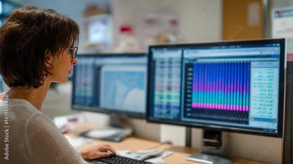 Aufkleber medium view of a fertility advisor studying aigenerated hormonal cycle predictions on a touchscreen 
