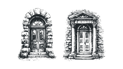 Two vintage entryways with detailed stone architecture and double doors. Vector hand drawn illustration