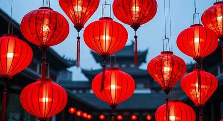 Glowing Red Lanterns at Dusk in China.