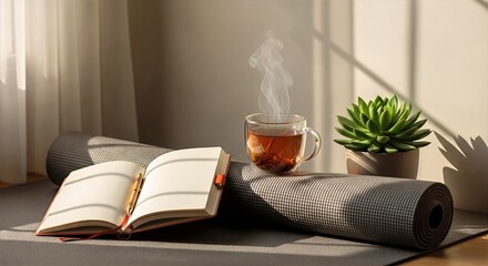 Peaceful Morning Ritual: Yoga Mat, Journal & Warm Tea - A Cozy Lifestyle Still Life