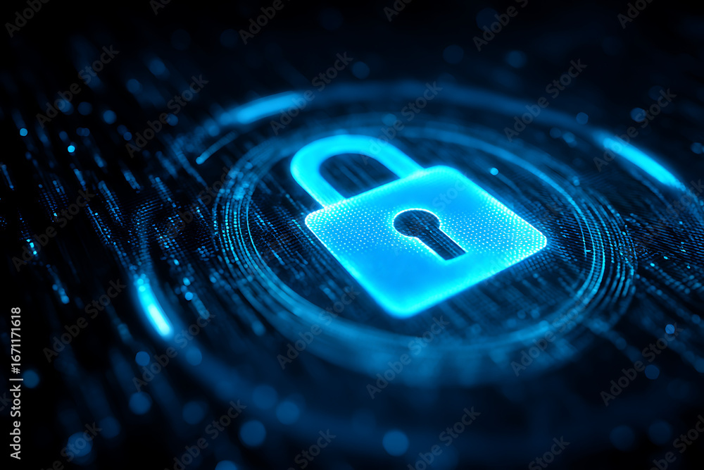 Poster glowing digital padlock protecting data stream in cyberspace