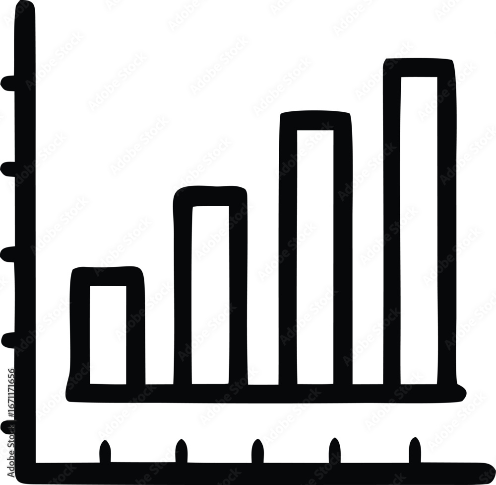 Poster hand drawn bar chart showing upward trend visualizing growth and progress with simple lines and bars