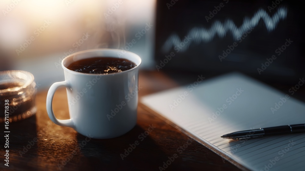 Poster a workspace setup with coffee notebook and a holographic chart display for daily finance planning