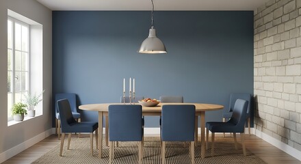 Modern Dining Room Interior with Blue Accent Wall and Wooden Table.
