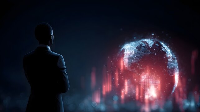 Investor examining a holographic global finance display