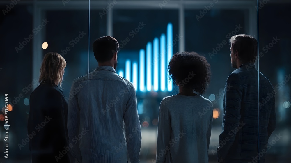 Poster business team reviewing projected data analytics chart